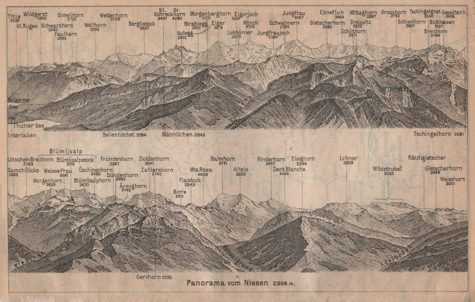 PANORAMA from/von NIESEN 2366m. Blumisalp Jungfrau Switzerland Schweiz 1909 map